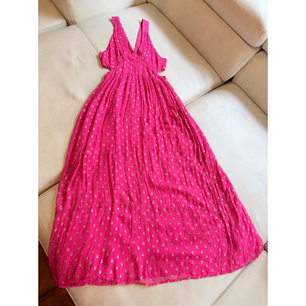 Lulus Hot Pink Gold Metallic Dots and Wishes women's Large Cutout Maxi Dress